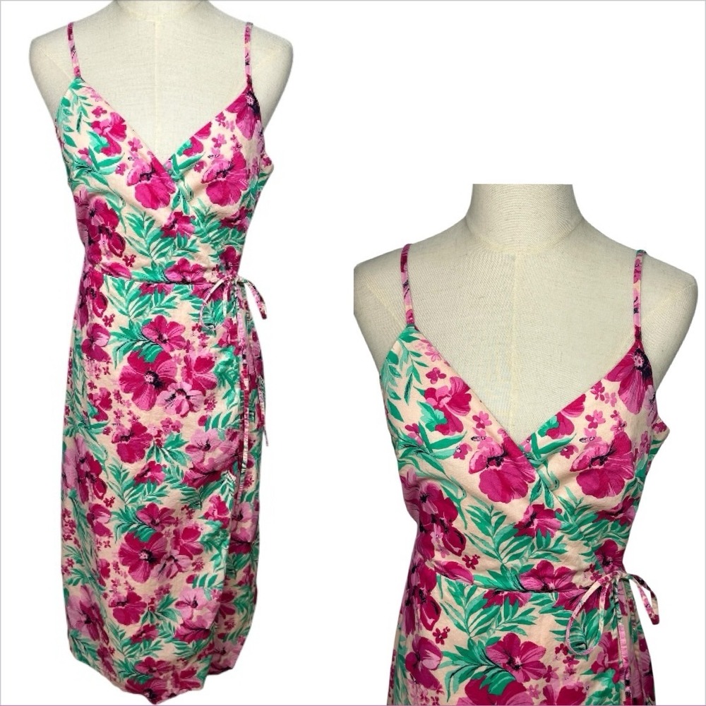 J. Crew Floral Wrap Dress Midi Pink Green Tropical Summer Vacation Resort Casual
